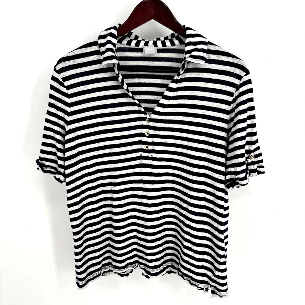 CHICO'S sz 3‎ Navy White Stripe 100% Linen Short Sleeve Top Nautical Classic
